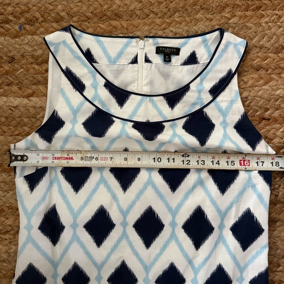 Talbots 8 Petite Blue & White Geometric Print Shift Dress Linen & Cotton Blend - Picture 3 of 6